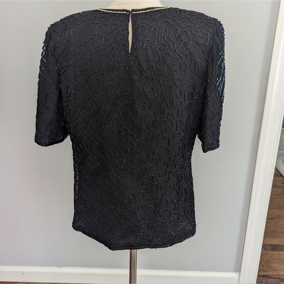 Vintage Women's Peacock 1X Elegant Black Beaded Women's Top Blouse Art to Wear - Picture 2 of 9